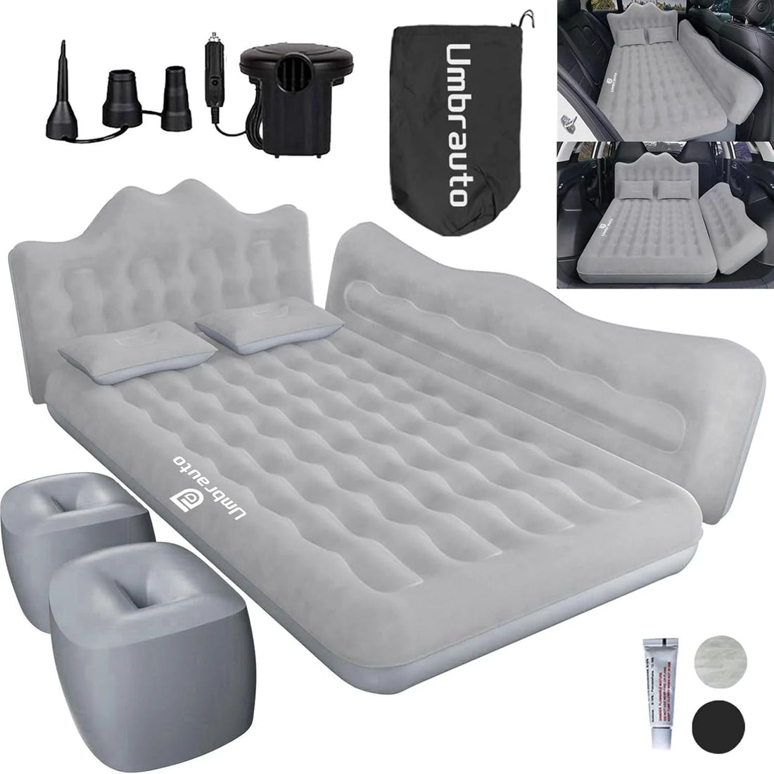 Umbrauto 29.53in/75cm Wide Car Air Mattress – Inflatable SUV, Truck &amp; Van Back Seat Camping Bed with Pump &amp; Pillows, Gray