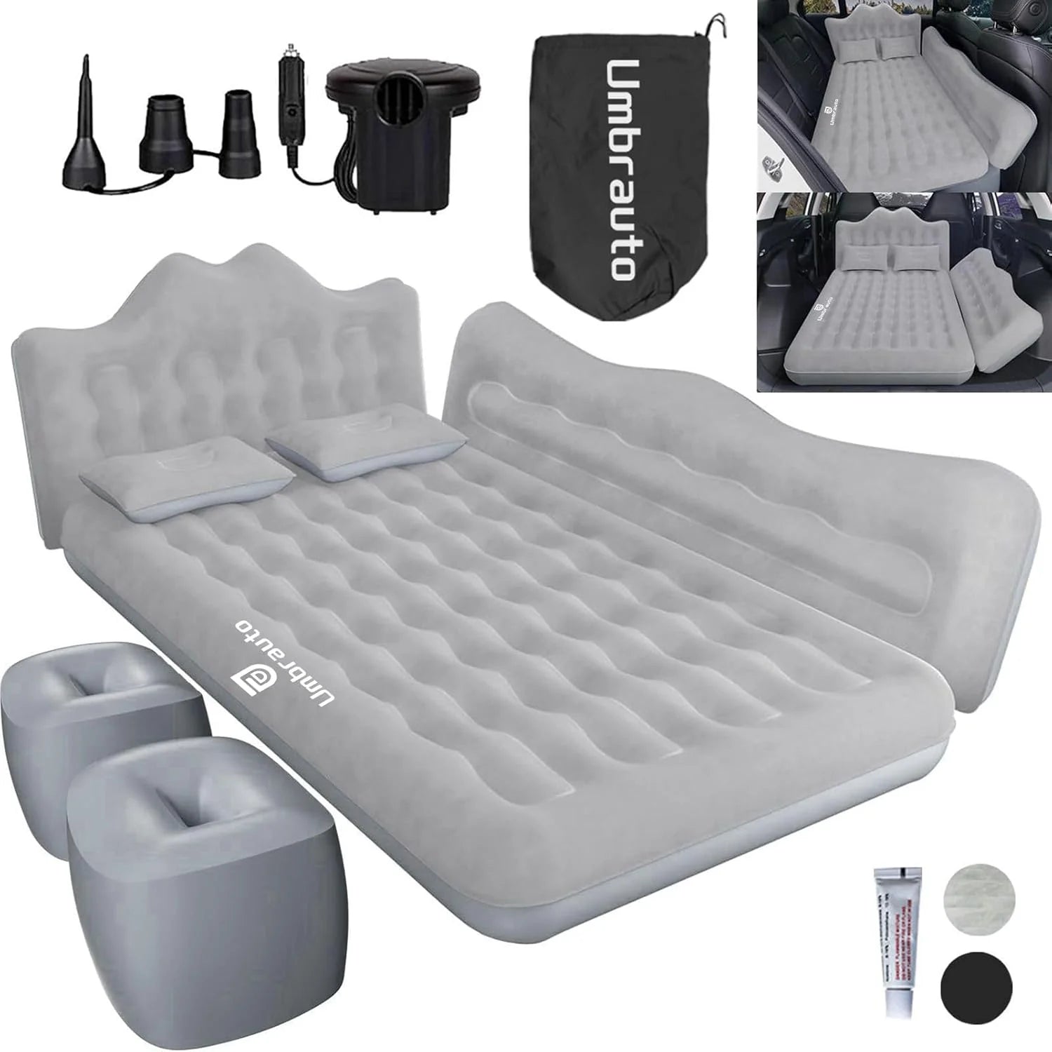 Umbrauto 29.53in/75cm Wide Car Air Mattress – Inflatable SUV, Truck &amp; Van Back Seat Camping Bed with Pump &amp; Pillows, Gray