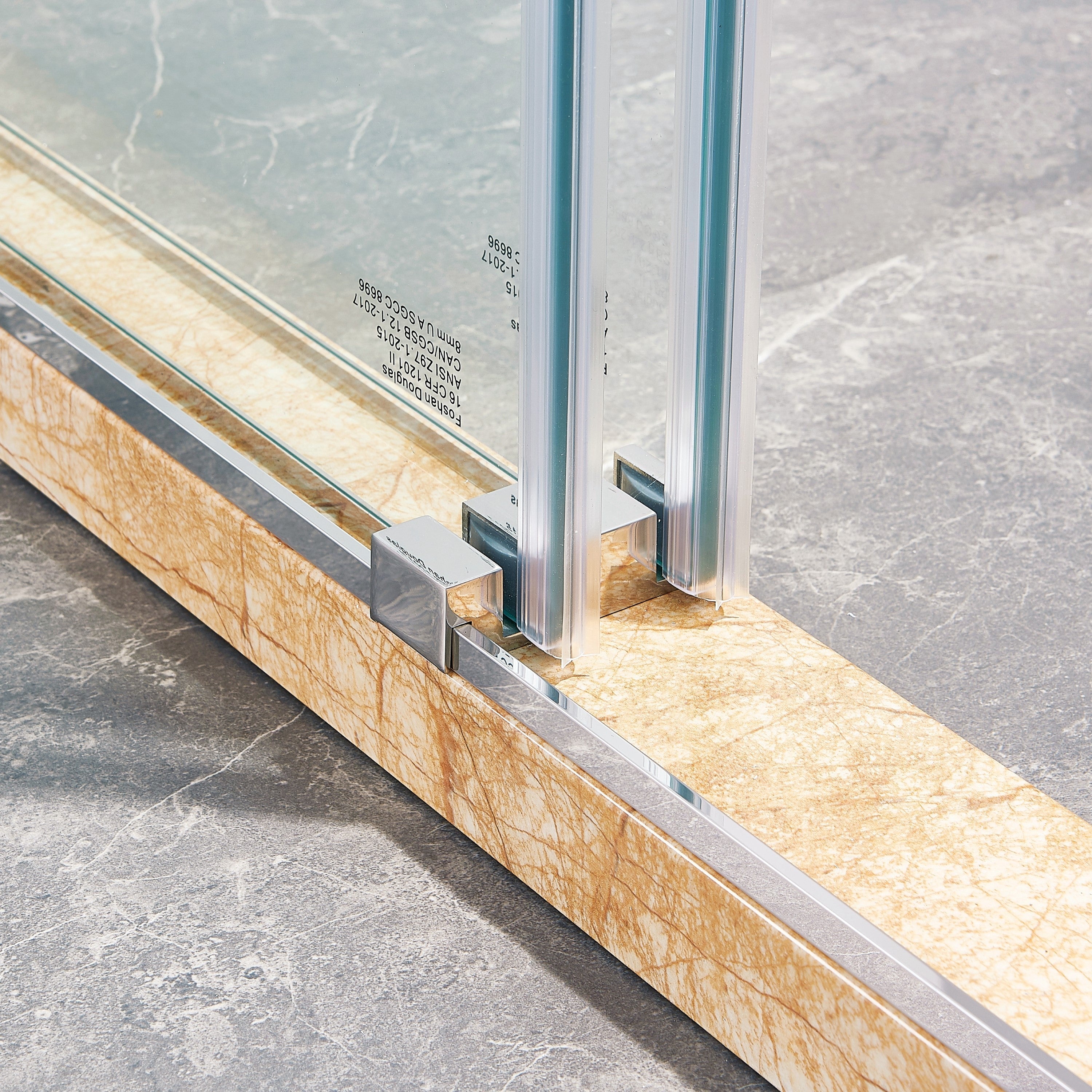 56-60 "wide x 75" high frameless double sliding shower door, 304 stainless steel chrome plated, 8mm thick SGCC tempered transpar