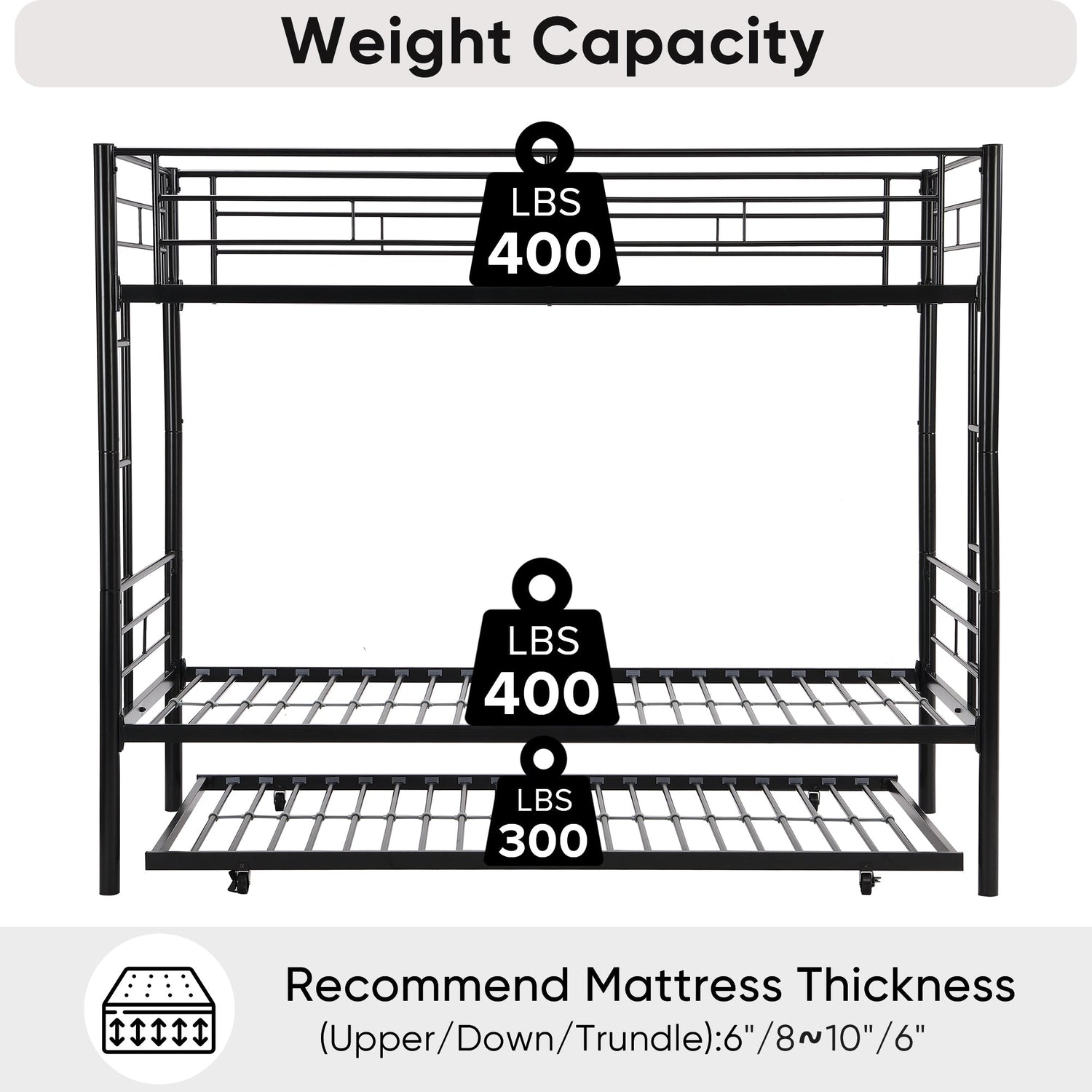 Twin bunk bed frame with trailer, metal bunk bed with sturdy guardrail and side ladder, can be divided into two beds, black