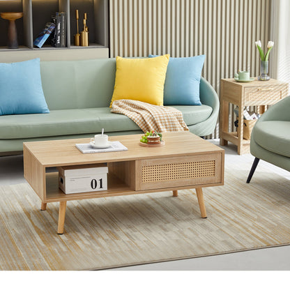 41.34" Rattan Coffee table sliding door for storage solid wood legs Modern table for living room  natural