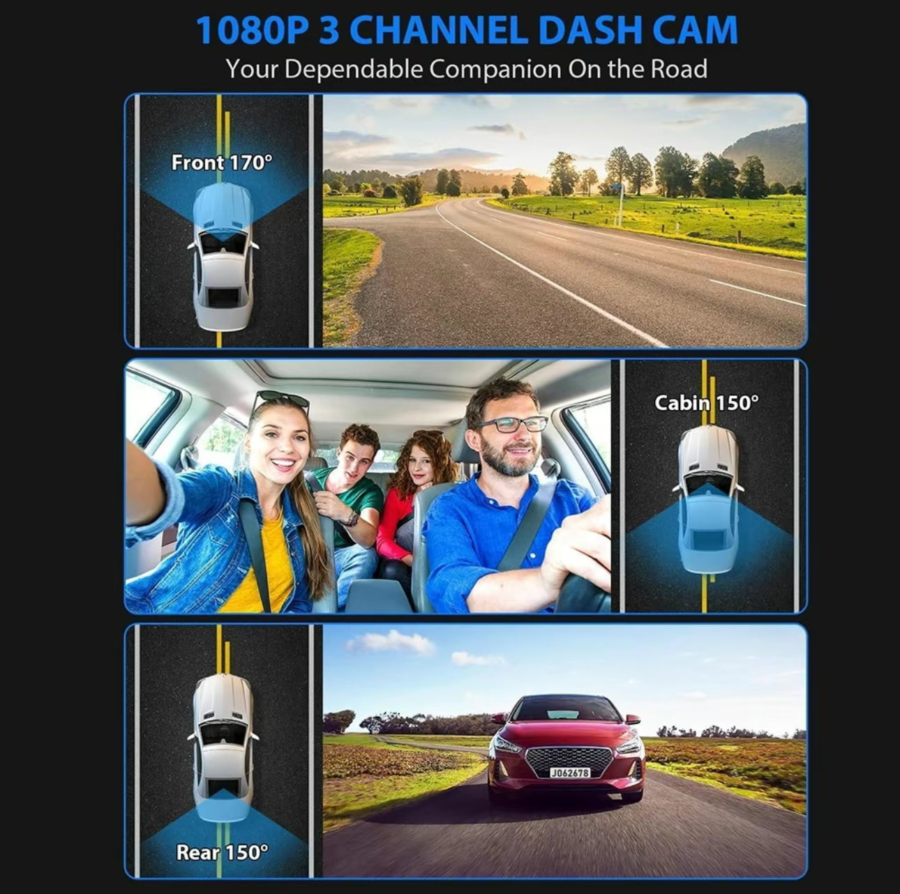 3-Camera Dash Cam – Front, Rear &amp; Inside Car Recorder with WiFi &amp; Night Vision