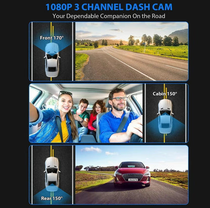 3-Camera Dash Cam – Front, Rear &amp; Inside Car Recorder with WiFi &amp; Night Vision