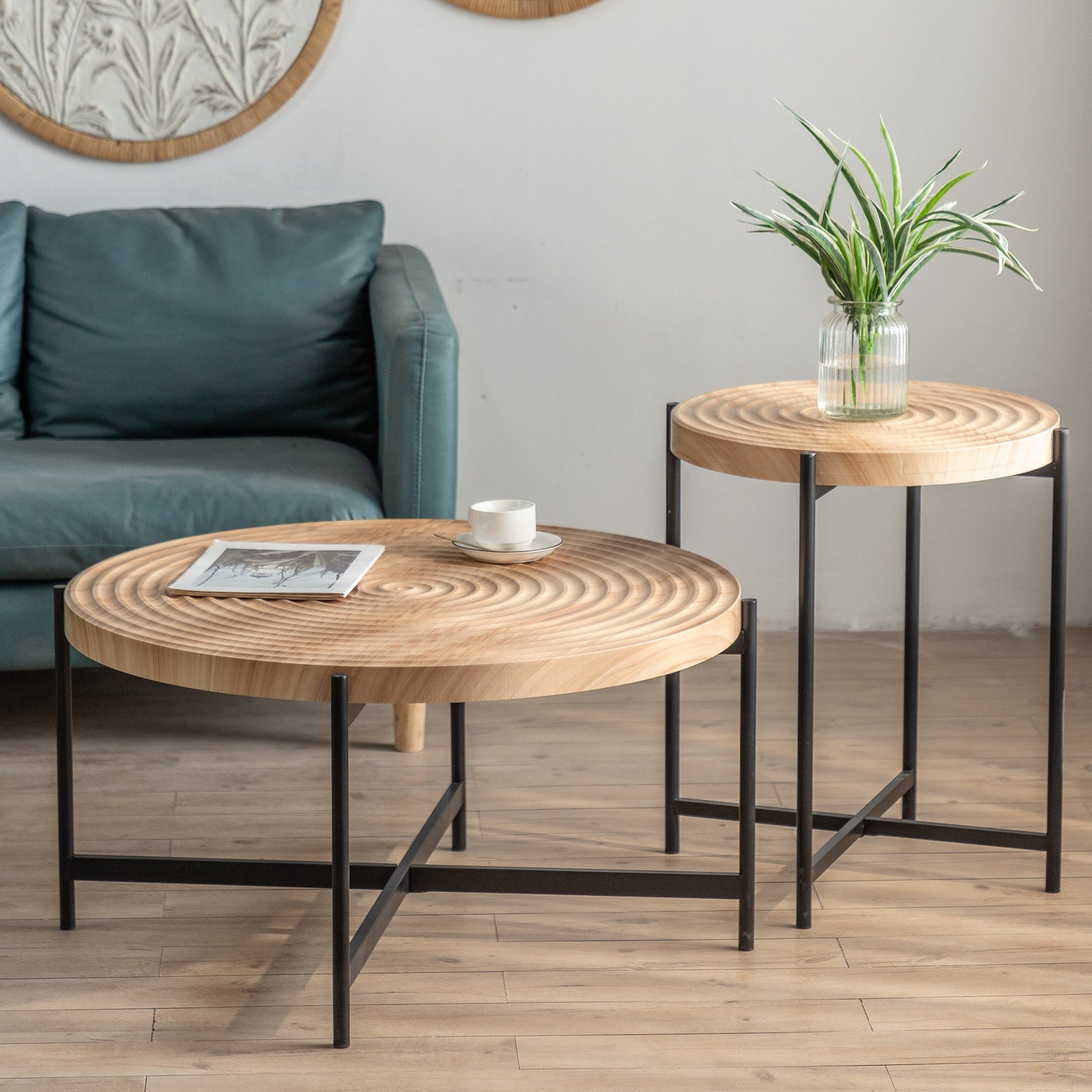 33"Modern Thread Design Round Coffee Table MDF Table Top with Cross Legs Metal Base