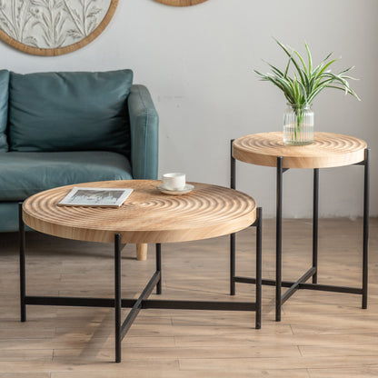 33"Modern Thread Design Round Coffee Table MDF Table Top with Cross Legs Metal Base