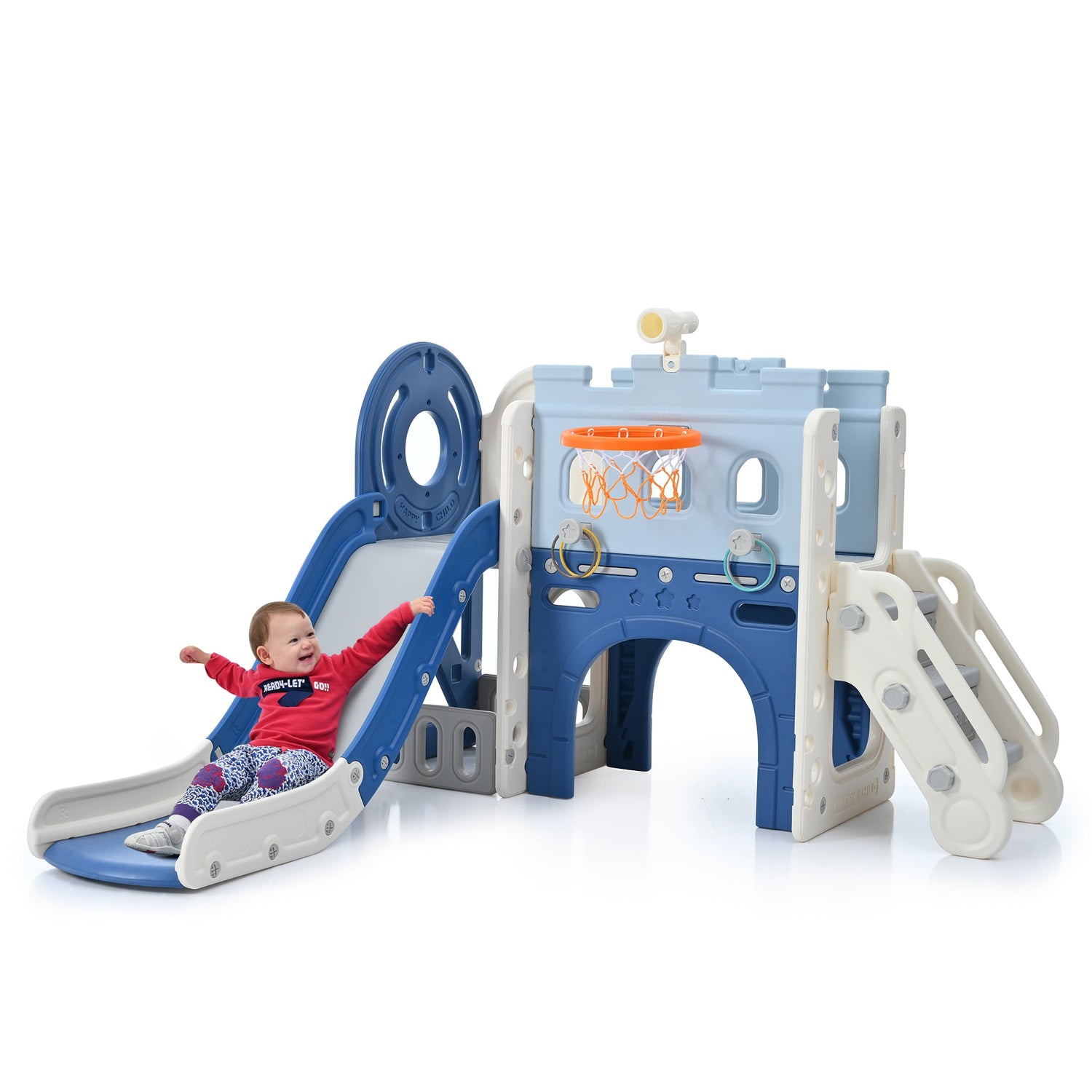 9-1 Toddler Slide Set,Kids Slide for Toddlers Ages 1+, Basketball Hoop, Tunnel and Storage Space, Pirate Ship Themed Slide