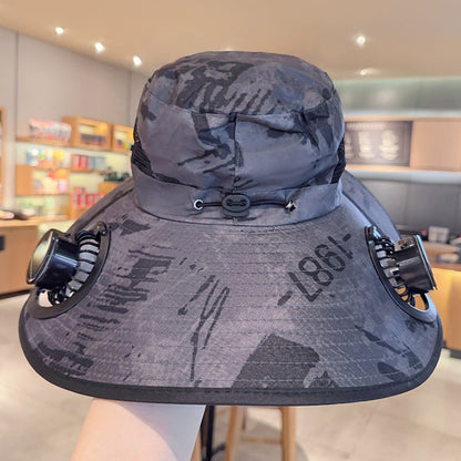Solar powered fan large brim hat men&