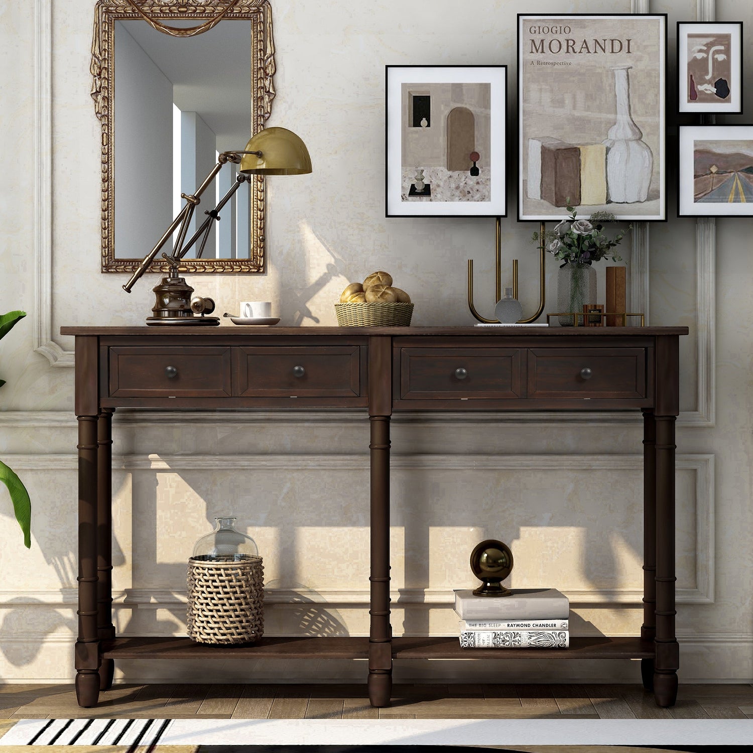 TREXM Console Table Sofa Table Easy Assembly with Two Storage Drawers and Bottom Shelf for Living Room Entryway (Espresso)