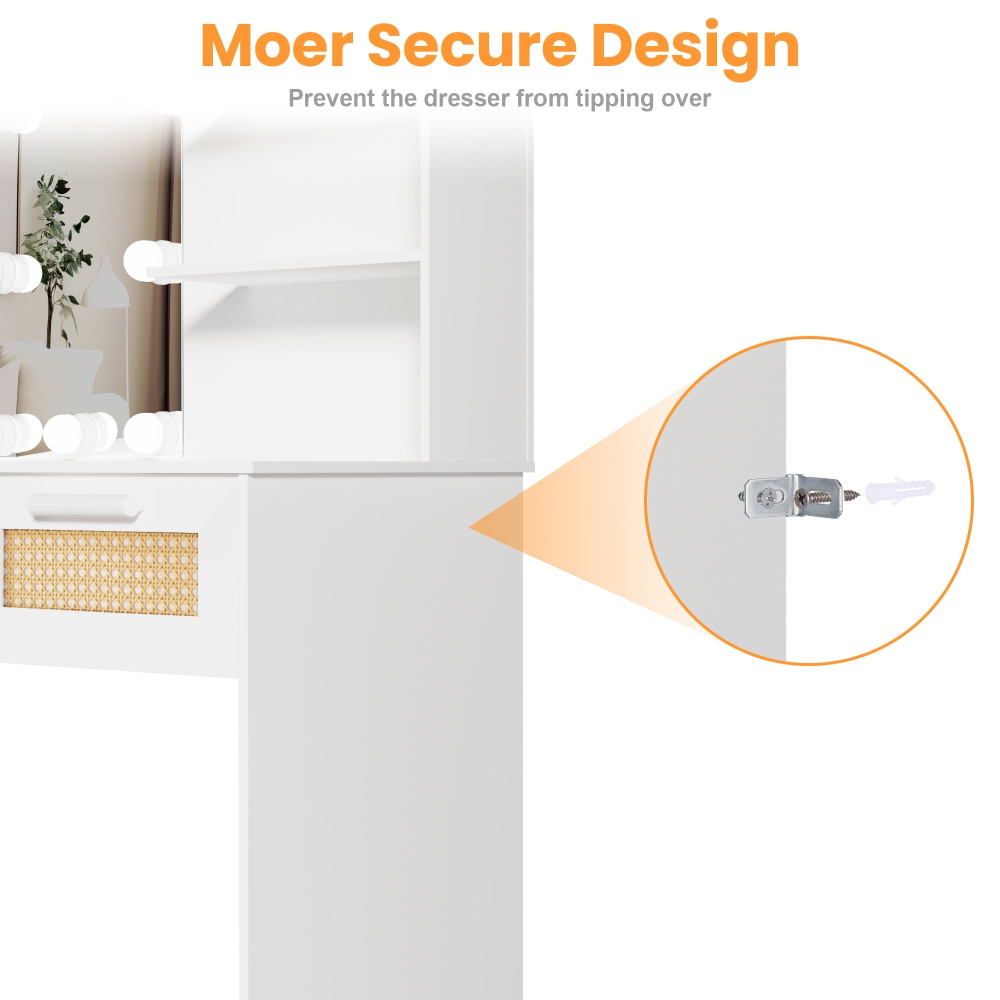Vanity Desk Set Stool &amp; Dressing Table with LED Lighting Mirror Drawer and Wood Cosmetic Table Chest of Drawers White Color