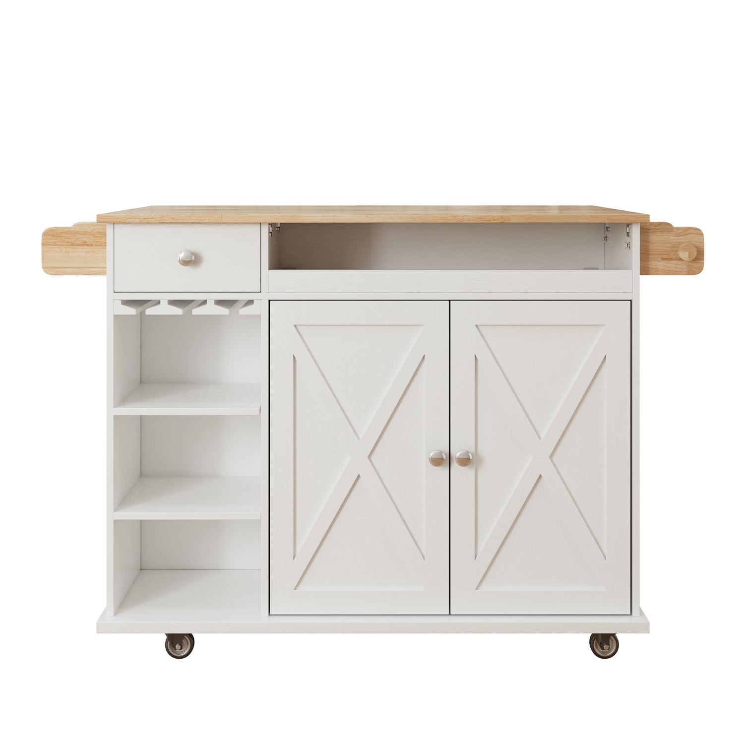 44 Inch Kitchen Island Cart with Solid Wood Top, Wine Storage, Spice Rack, Towel Rack, Wine Glass Holder White &amp; Oak