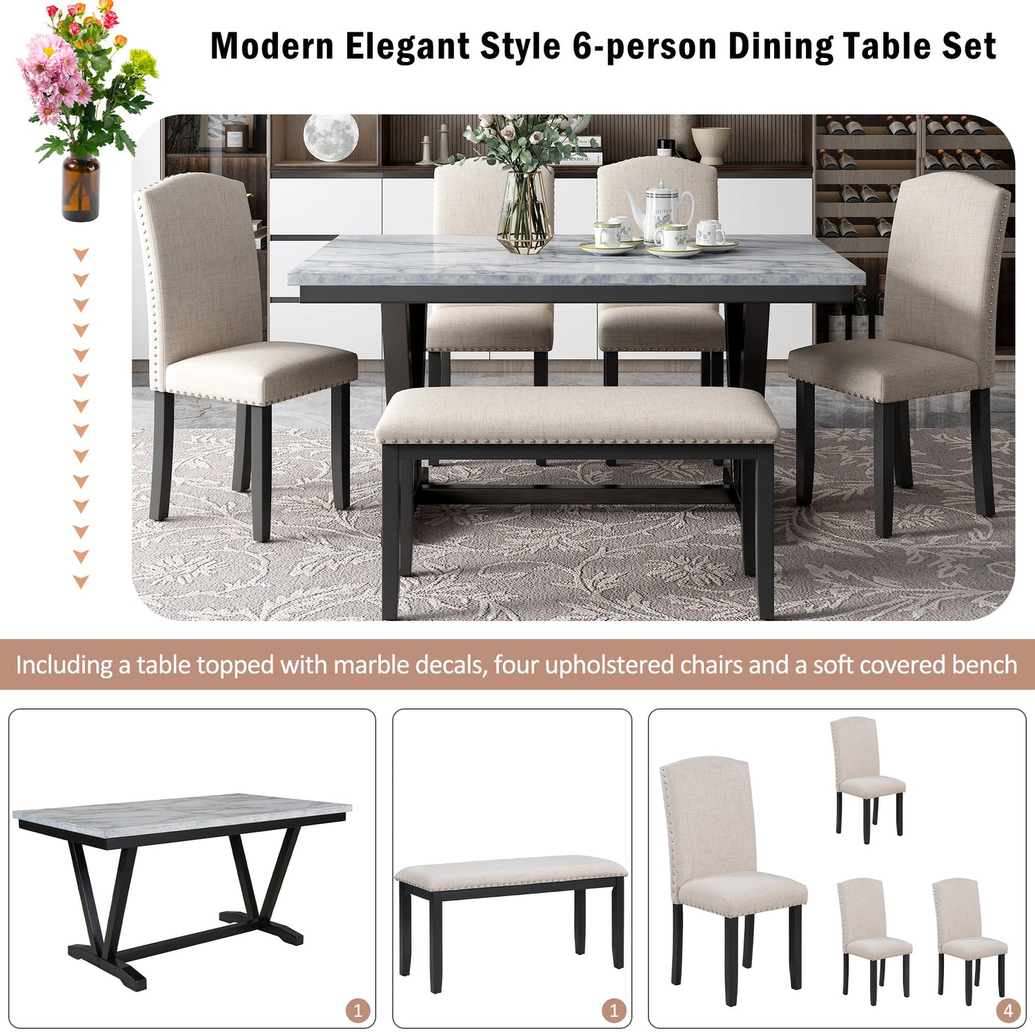 TREXM Modern Style 6-piece Dining Table with 4 Chairs &amp; 1 Bench (White)