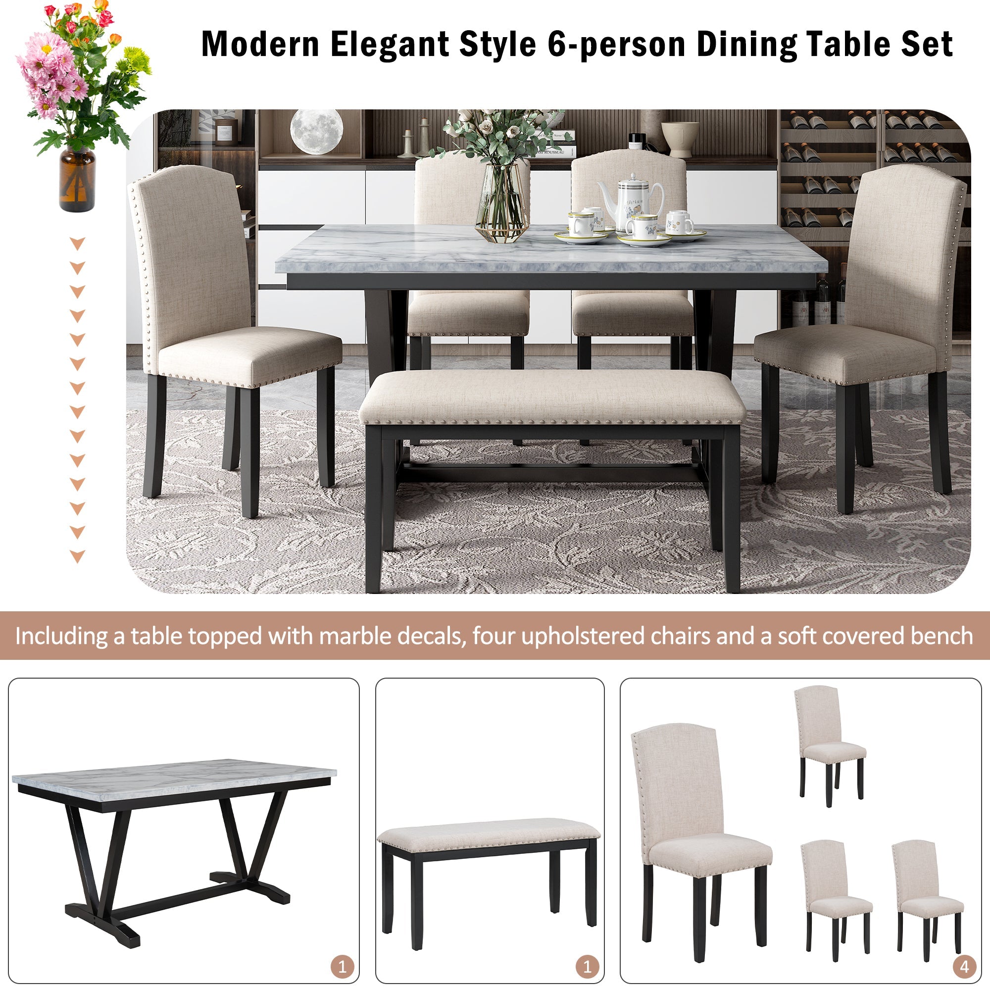 TREXM Modern Style 6-piece Dining Table with 4 Chairs &amp; 1 Bench (White)