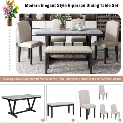 TREXM Modern Style 6-piece Dining Table with 4 Chairs &amp; 1 Bench (White)