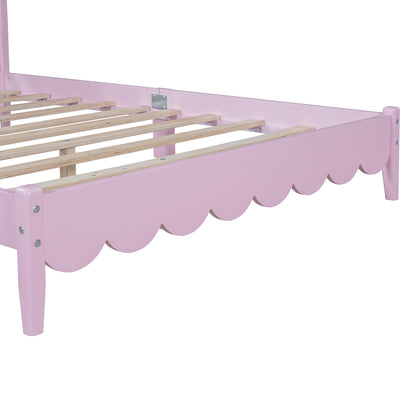 Full Size Wood Platform Bed Frame, Retro Style Bed with Rectangular Headboard,No Need Box Spring,Pink