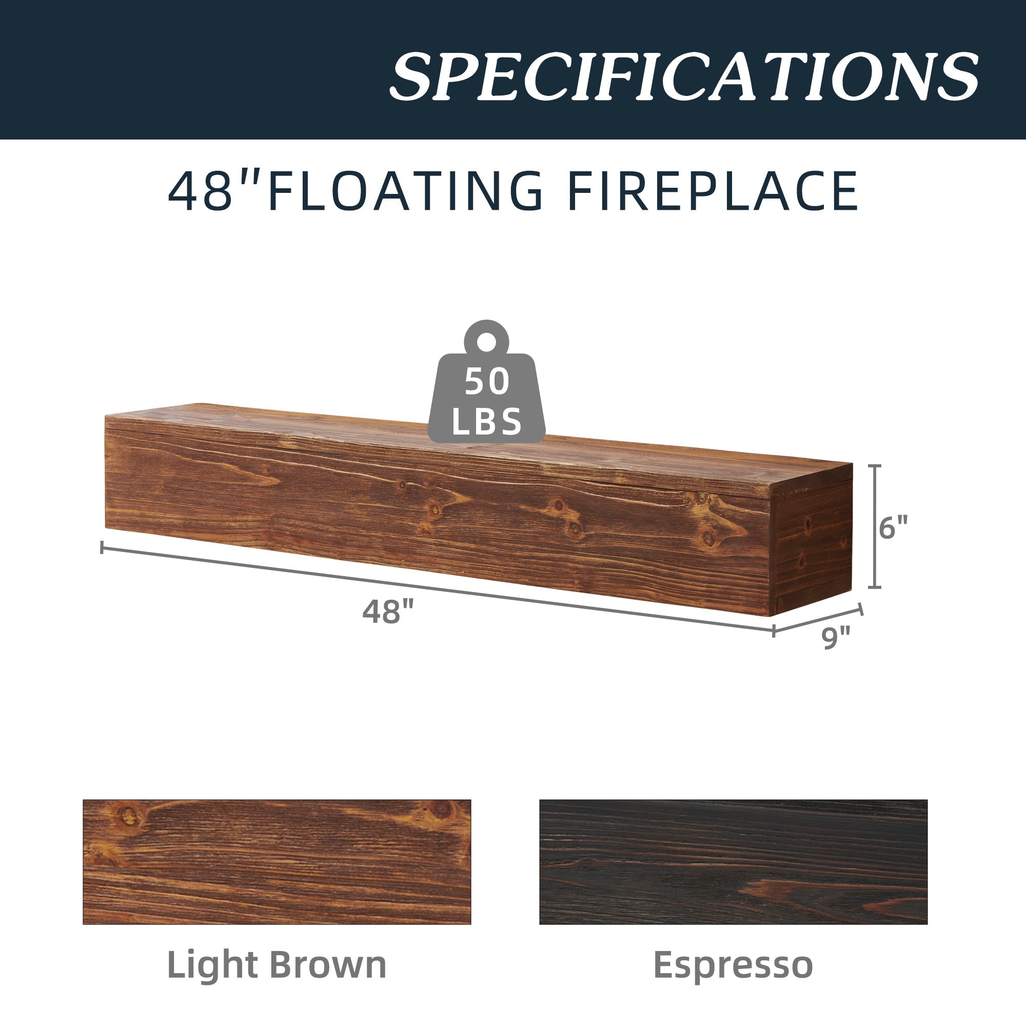 48" Rustic Wood Fireplace Mantel , Wall-Mounted &amp; Floating Shelf for Home Decor