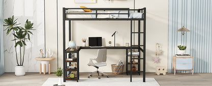 Full metal loft bed with desk and shelf, loft bed with ladder and guardrail, black with retro wood desk