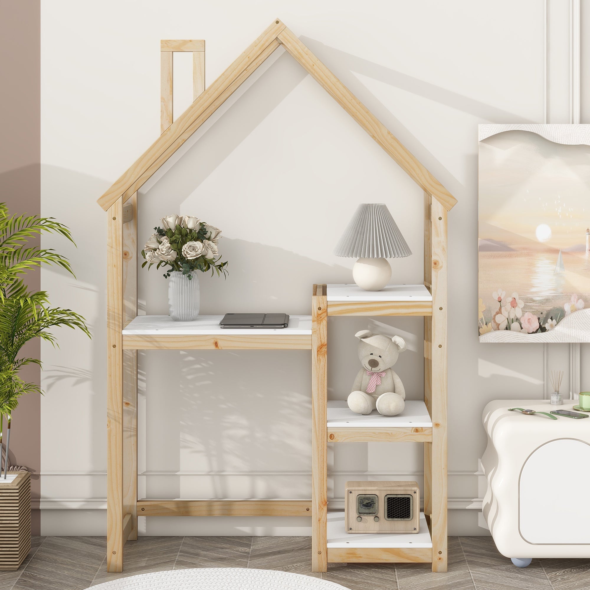 House-shaped Wooden writing Desk Kids study Table Bookshelf &amp; Toy Storage Natural