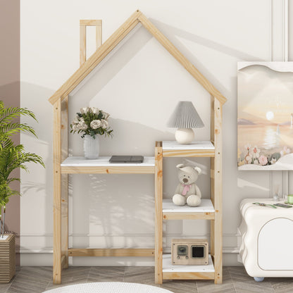 House-shaped Wooden writing Desk Kids study Table Bookshelf &amp; Toy Storage Natural