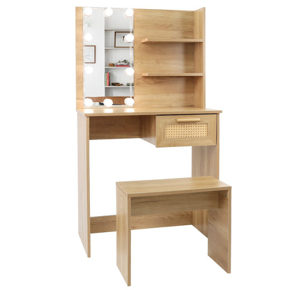Vanity Desk Set Stool &amp; Dressing Table with LED Lighting Mirror Drawer and Wood Cosmetic Table Chest of Drawers Nature Color