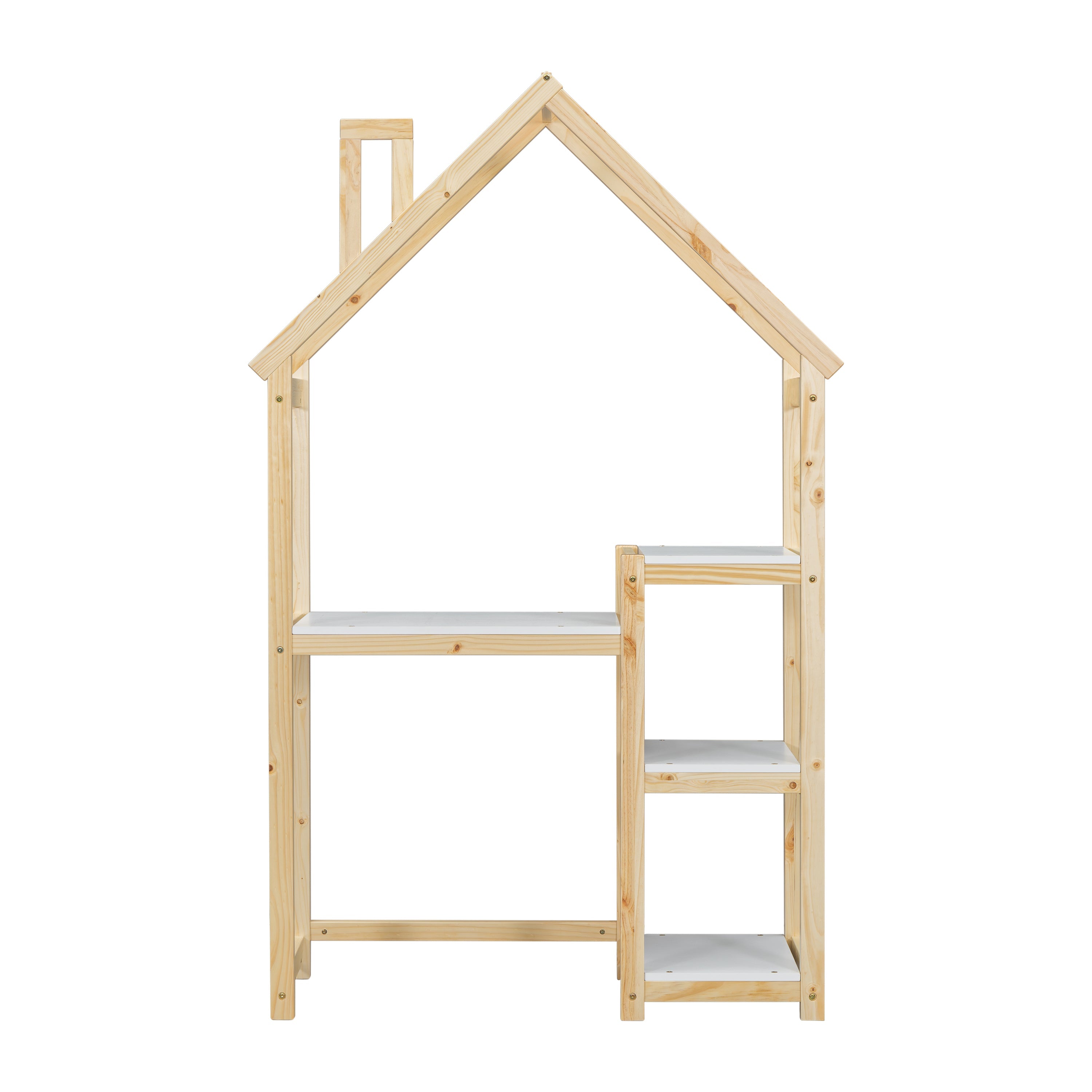 House-shaped Wooden writing Desk Kids study Table Bookshelf &amp; Toy Storage Natural