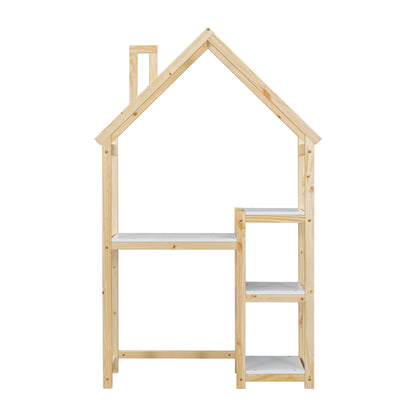 House-shaped Wooden writing Desk Kids study Table Bookshelf &amp; Toy Storage Natural