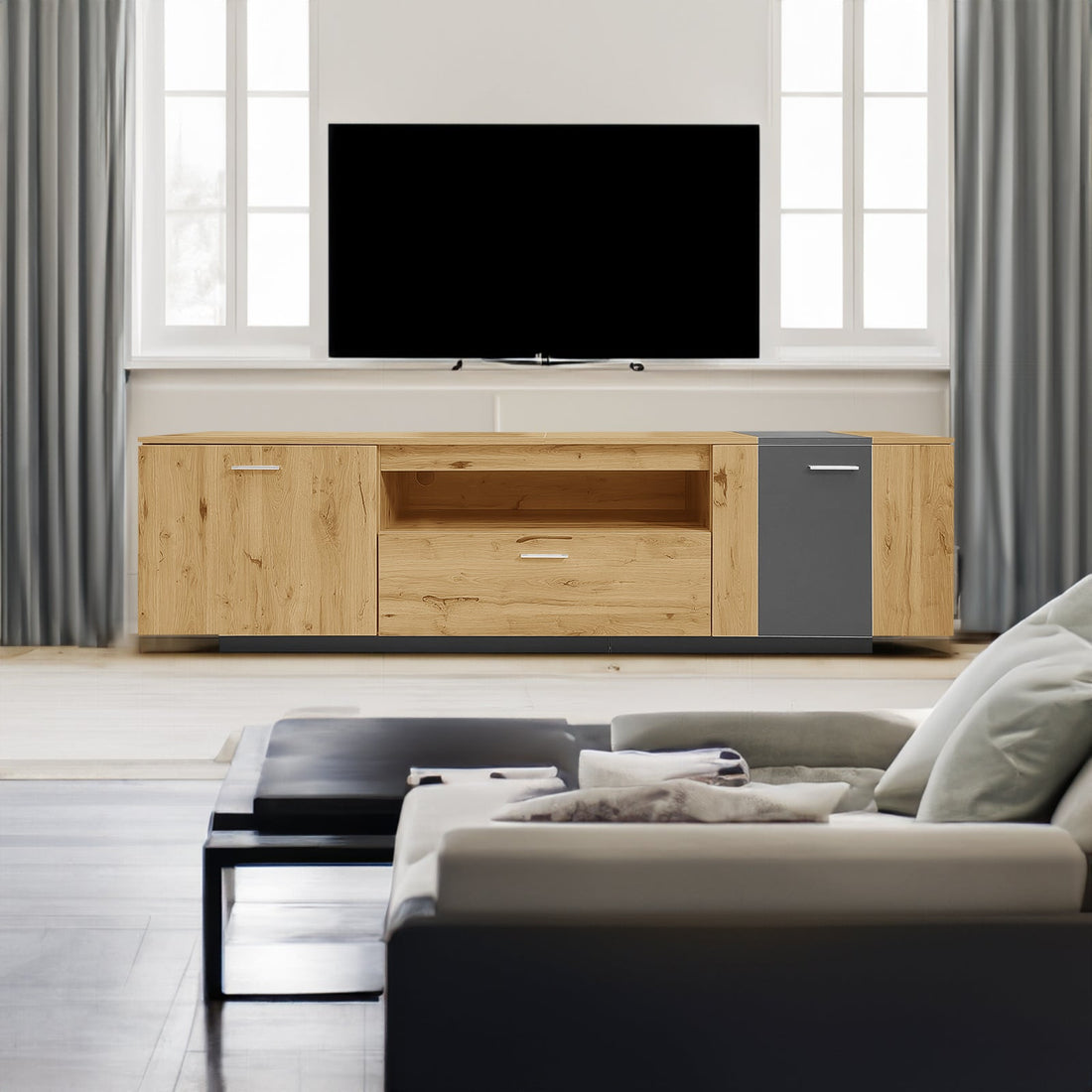 70 inch modern TV stand with 3 cabinets and drawers, entertainment center can accommodate TVs under 80 inches