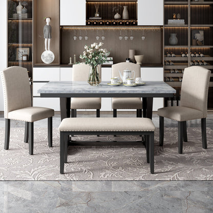 TREXM Modern Style 6-piece Dining Table with 4 Chairs &amp; 1 Bench (White)