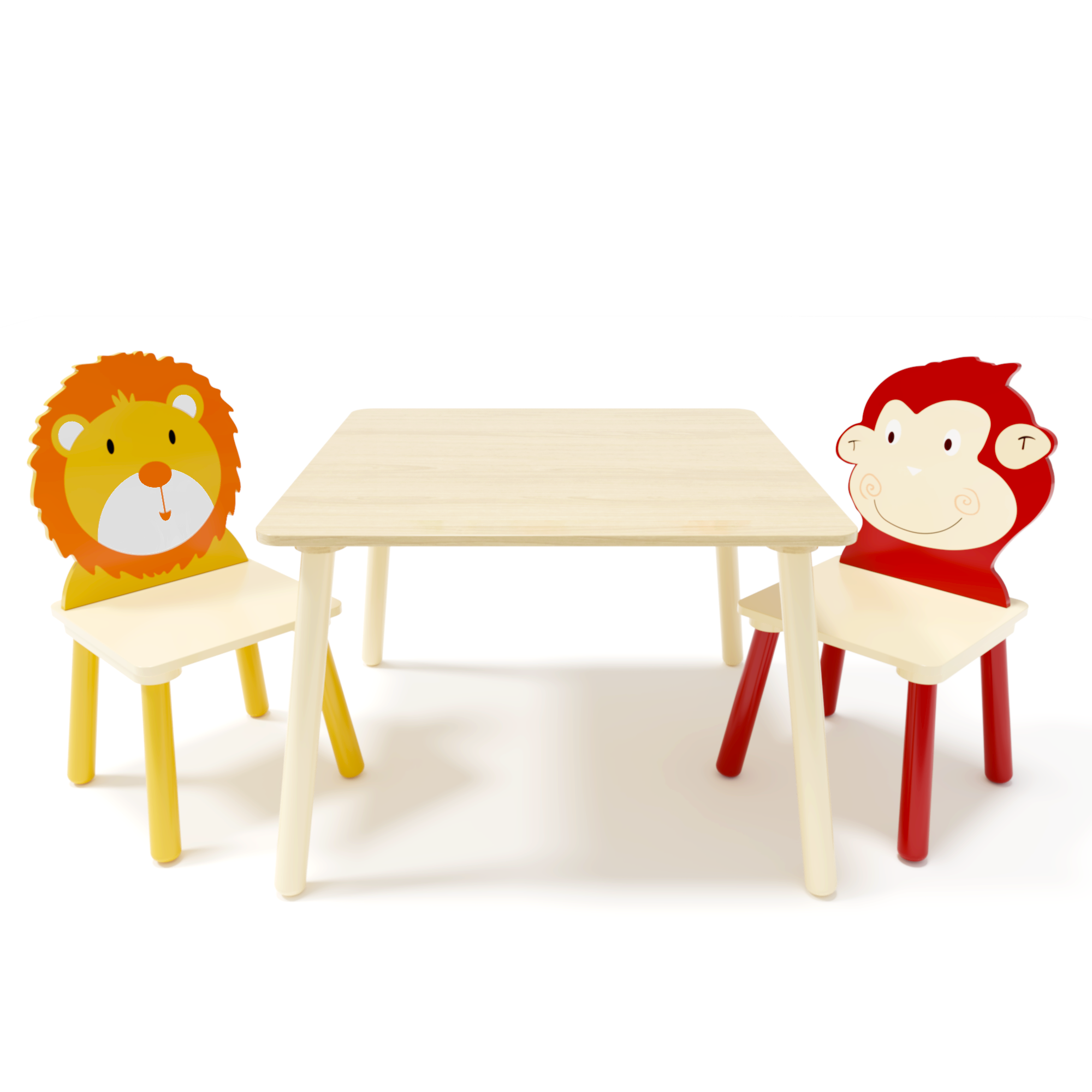 Kids Table and 2 Chairs Set 3 Pieces Toddler Table and Chair Set Wooden Activity Play Table Set (Lion&amp;Monkey)