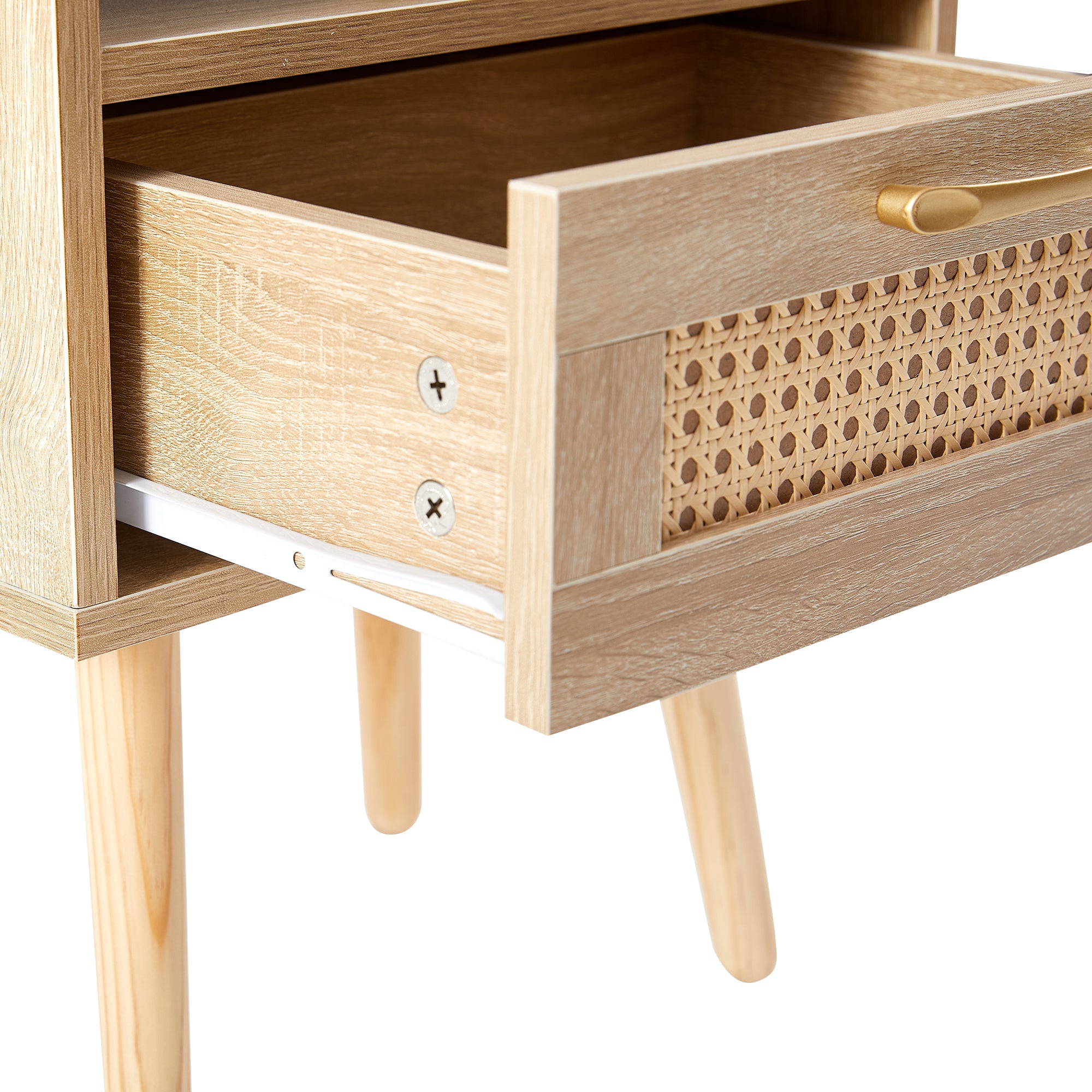 15.75" Rattan End table with Power Outlet &amp; USB Ports  Modern nightstand with drawer and solid wood legs