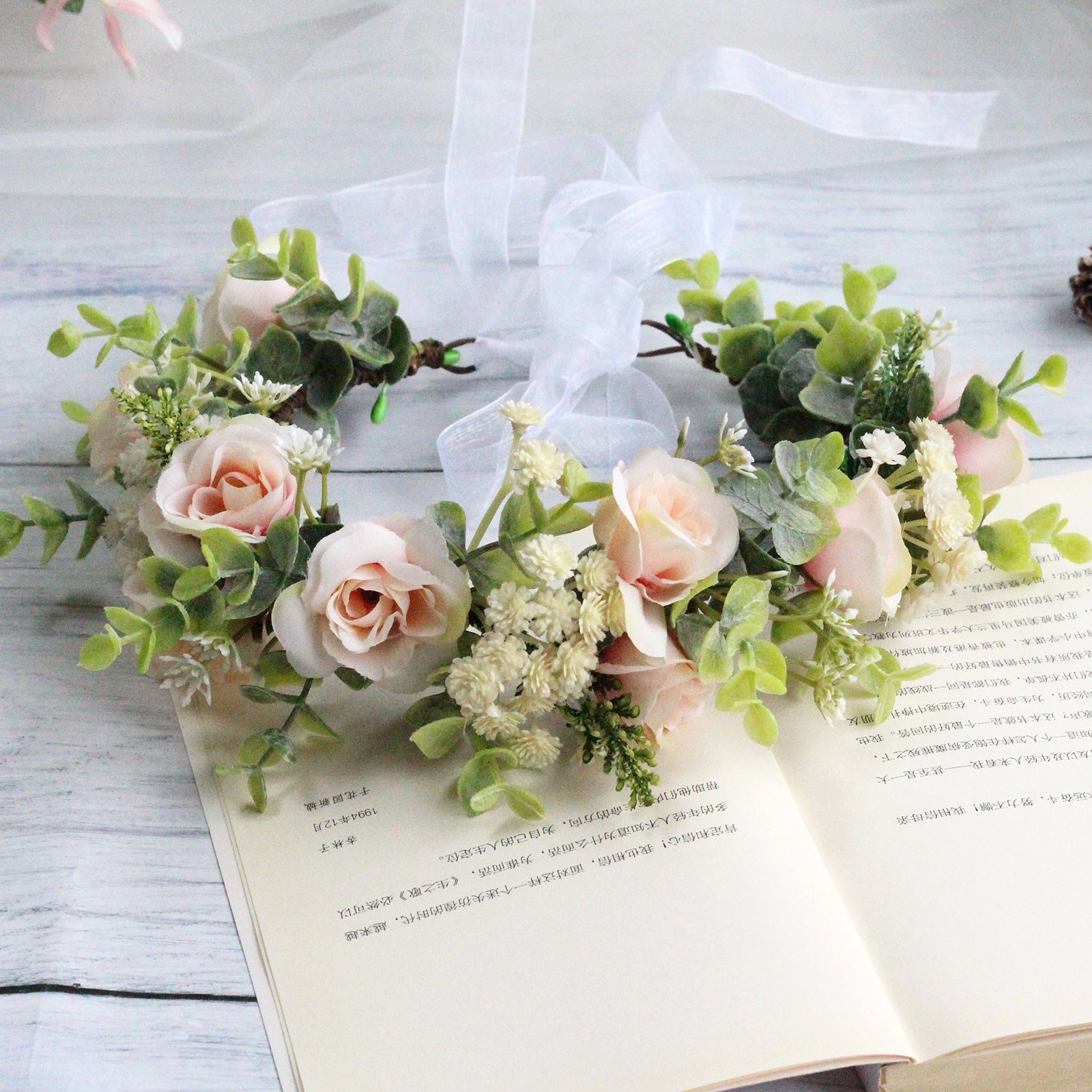 Forest style curled edge rose headband simulated starry sky flower wreath bride&