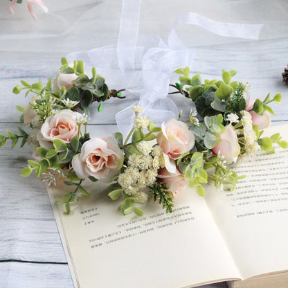 Forest style curled edge rose headband simulated starry sky flower wreath bride&
