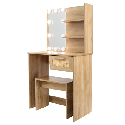Vanity Desk Set Stool &amp; Dressing Table with LED Lighting Mirror Drawer and Wood Cosmetic Table Chest of Drawers Nature Color