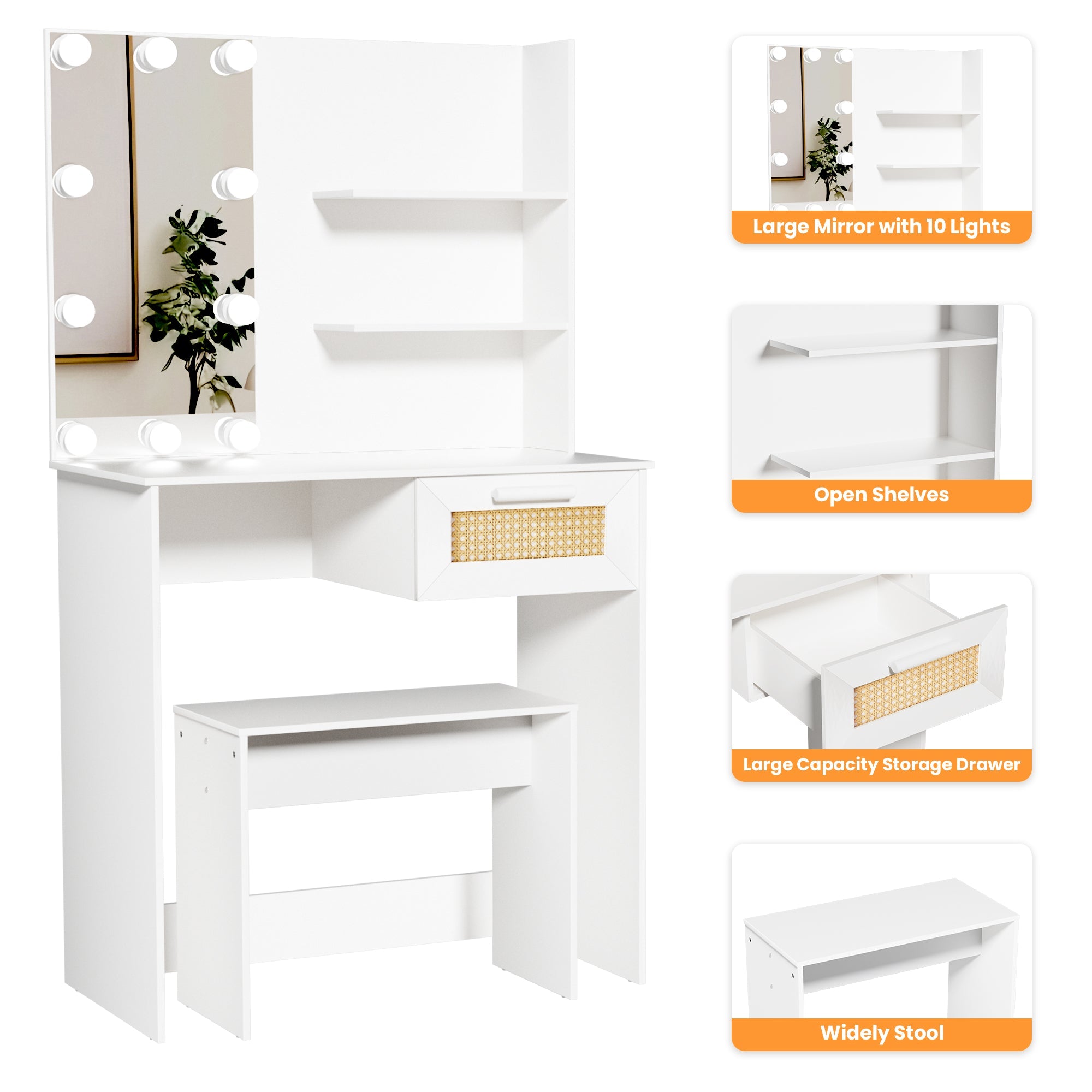 Vanity Desk Set Stool &amp; Dressing Table with LED Lighting Mirror Drawer and Wood Cosmetic Table Chest of Drawers White Color