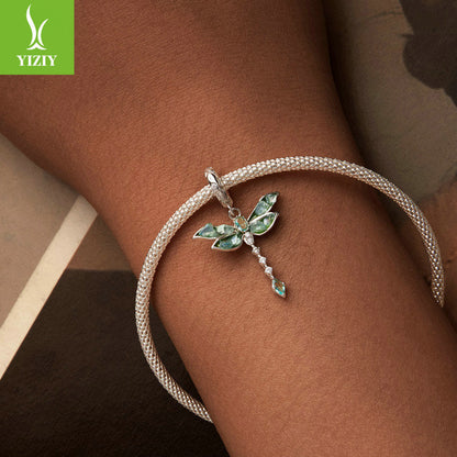 Silver Charm Original Retro Green Dragonfly DIY Pendant Accessories Charm Lucky s925 Pure Silver Insect Beads
