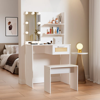 Vanity Desk Set Stool &amp; Dressing Table with LED Lighting Mirror Drawer and Wood Cosmetic Table Chest of Drawers White Color