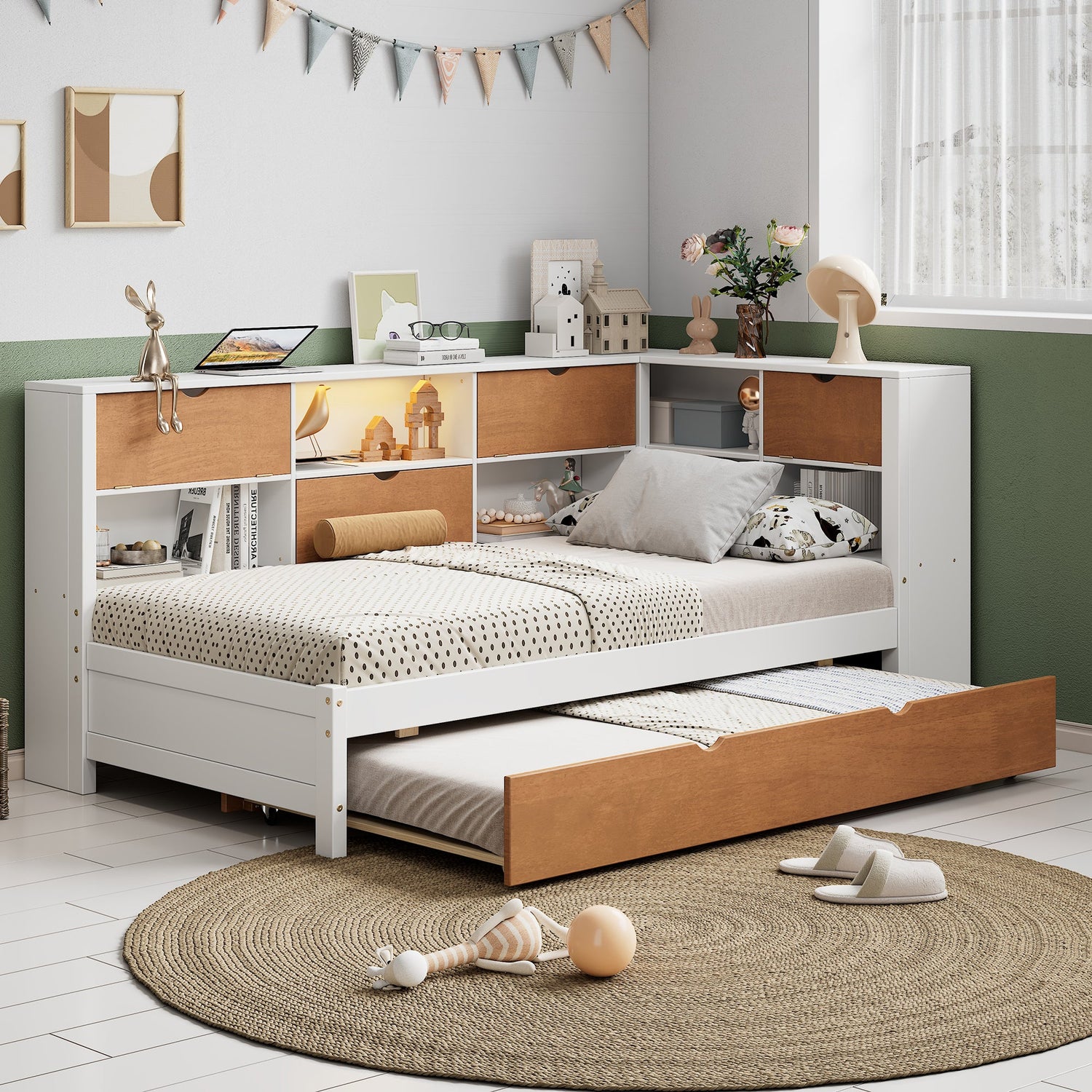 L-shaped bed frame with luggage and bookshelf, corner bed wooden captain&