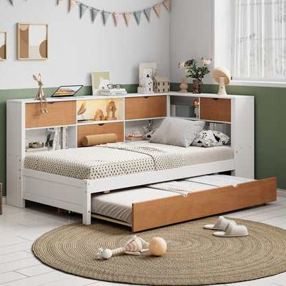 L-shaped bed frame with luggage and bookshelf, corner bed wooden captain&
