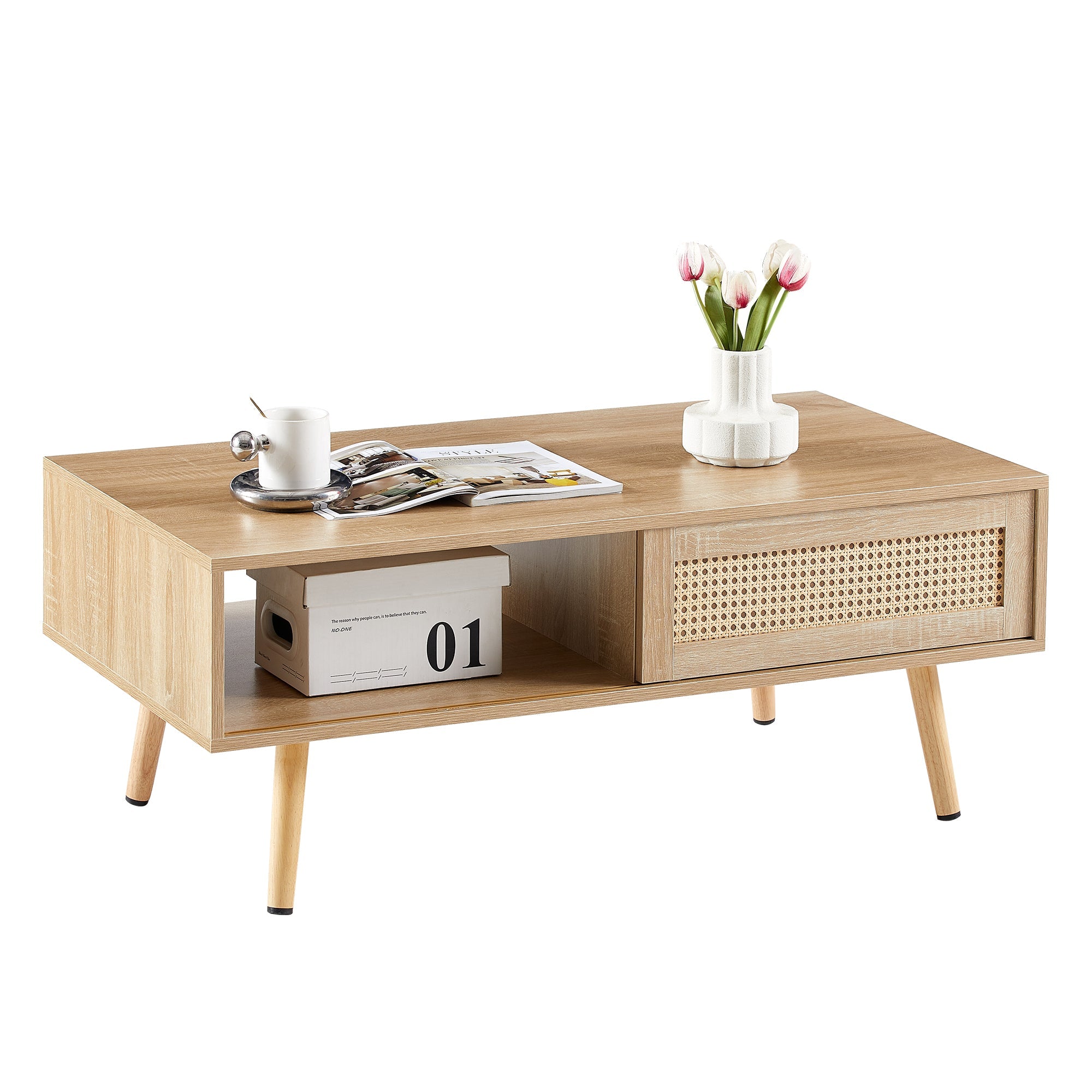 41.34" Rattan Coffee table sliding door for storage solid wood legs Modern table for living room  natural