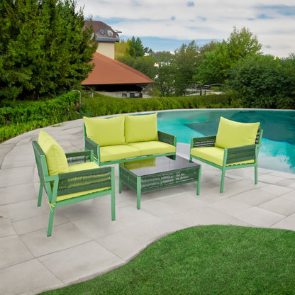 Outdoor Furniture with Tempered Glass Table,  Set Deep Seating with Thick Cushion  (Fluorescent Yellow &amp; Green)