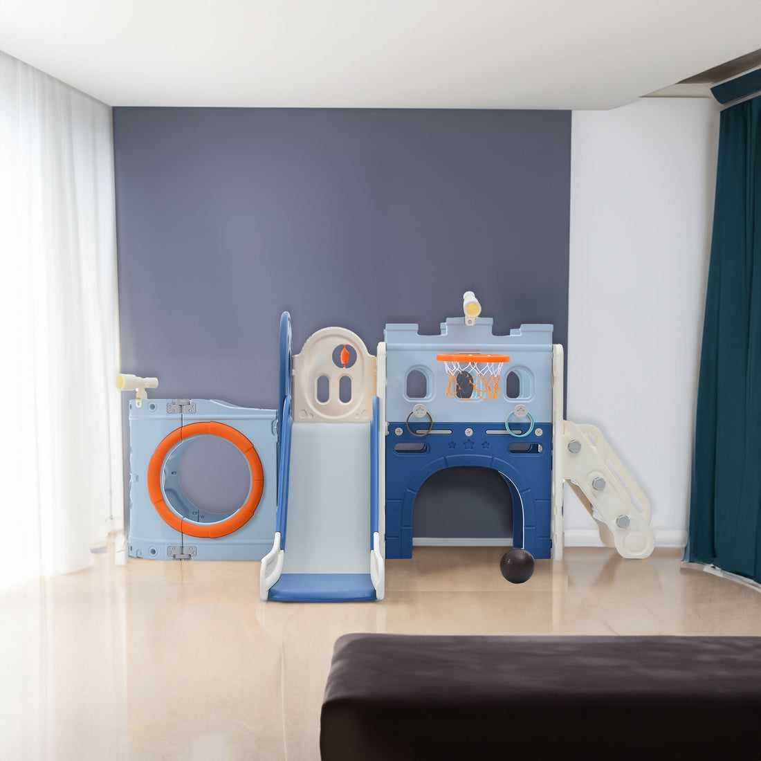 10-1 Toddler Slide Set,Kids Slide for Toddlers Ages 1+, Basketball Hoop Pirate Ship Themed Slide with Ship Head Indoor&amp; Outdoor