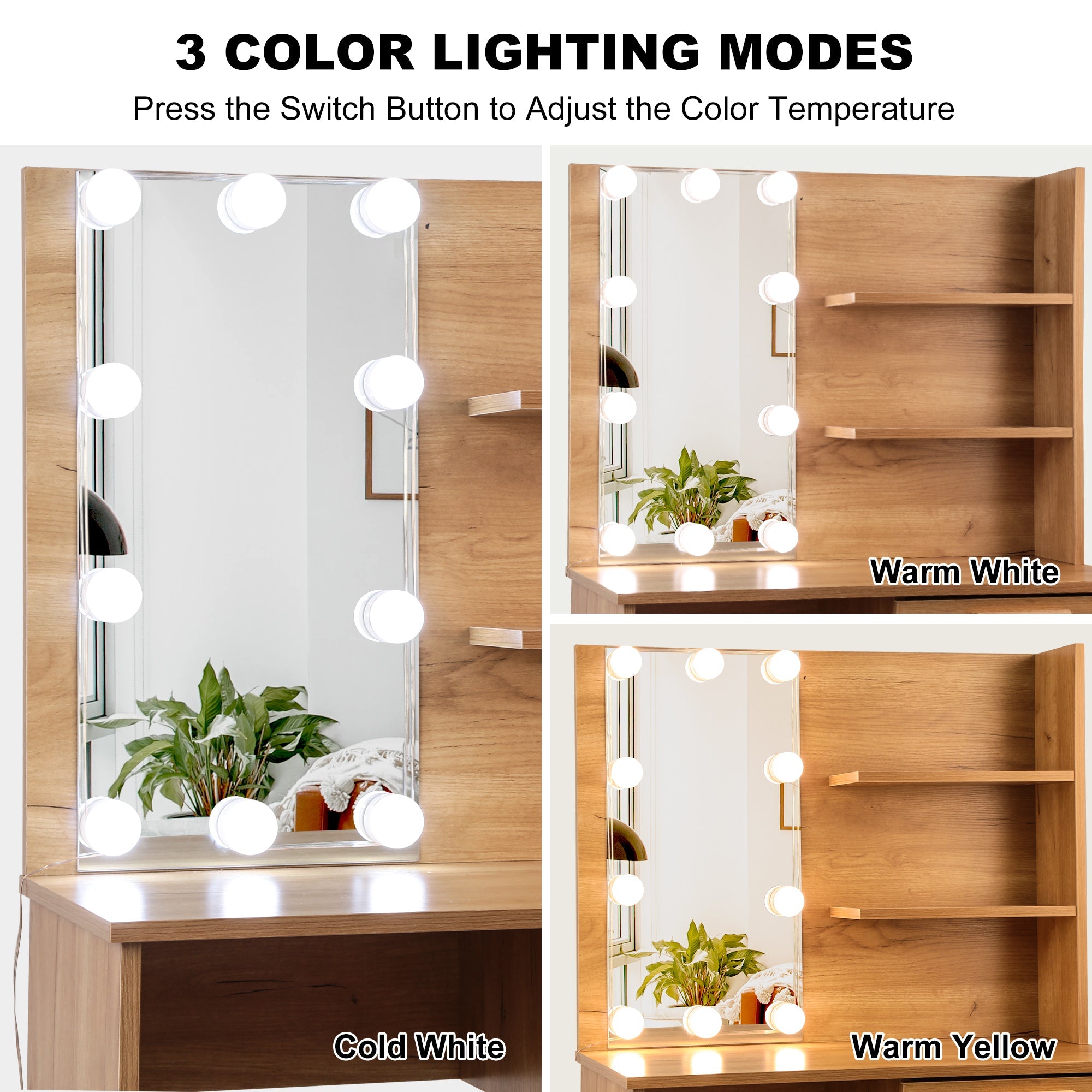 Vanity Desk Set Stool &amp; Dressing Table with LED Lighting Mirror Drawer and Wood Cosmetic Table Chest of Drawers Nature Color
