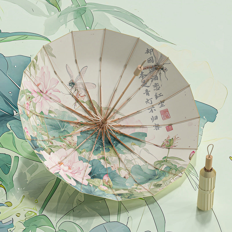 16-rib color rubber &amp; gold aluminum alloy frame: new Chinese retro folding umbrella with sun protection and UV resistance.