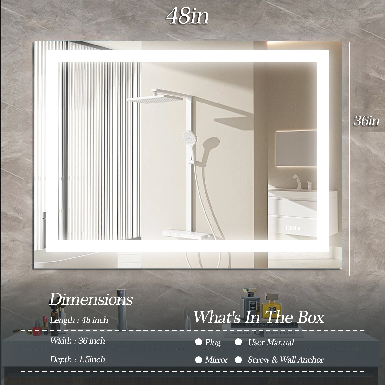 LED Bathroom Mirror 48x 36 Inch with lights, anti-Fog &amp; Dimming Led Bathroom Vanity Mirror
