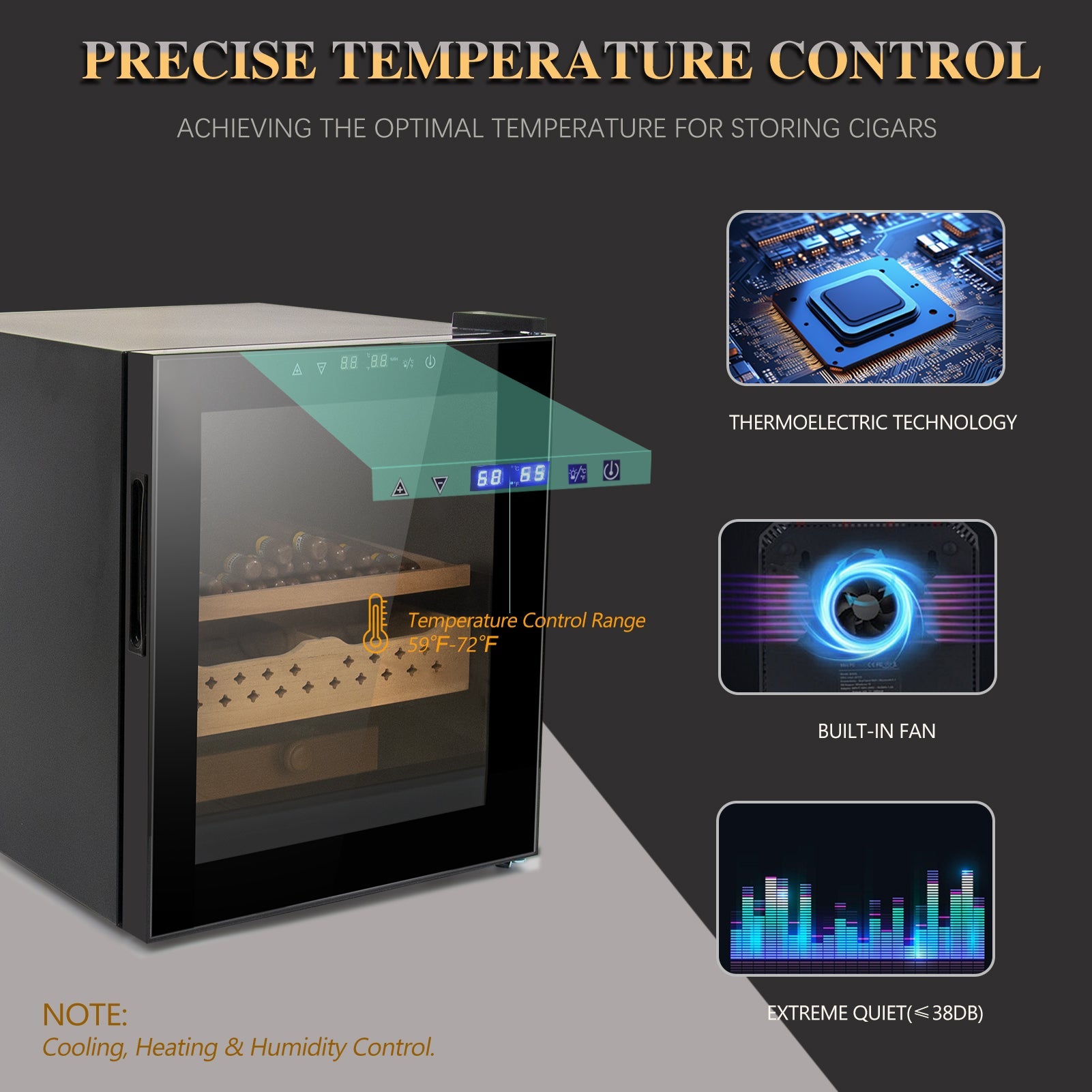 50L Cigar Humidors with 3-IN-1 Cooling, Heating &amp; Humidity Control, 250 Counts Capacity Cigar Humidor Humidifiers with Constant Temperature Controller