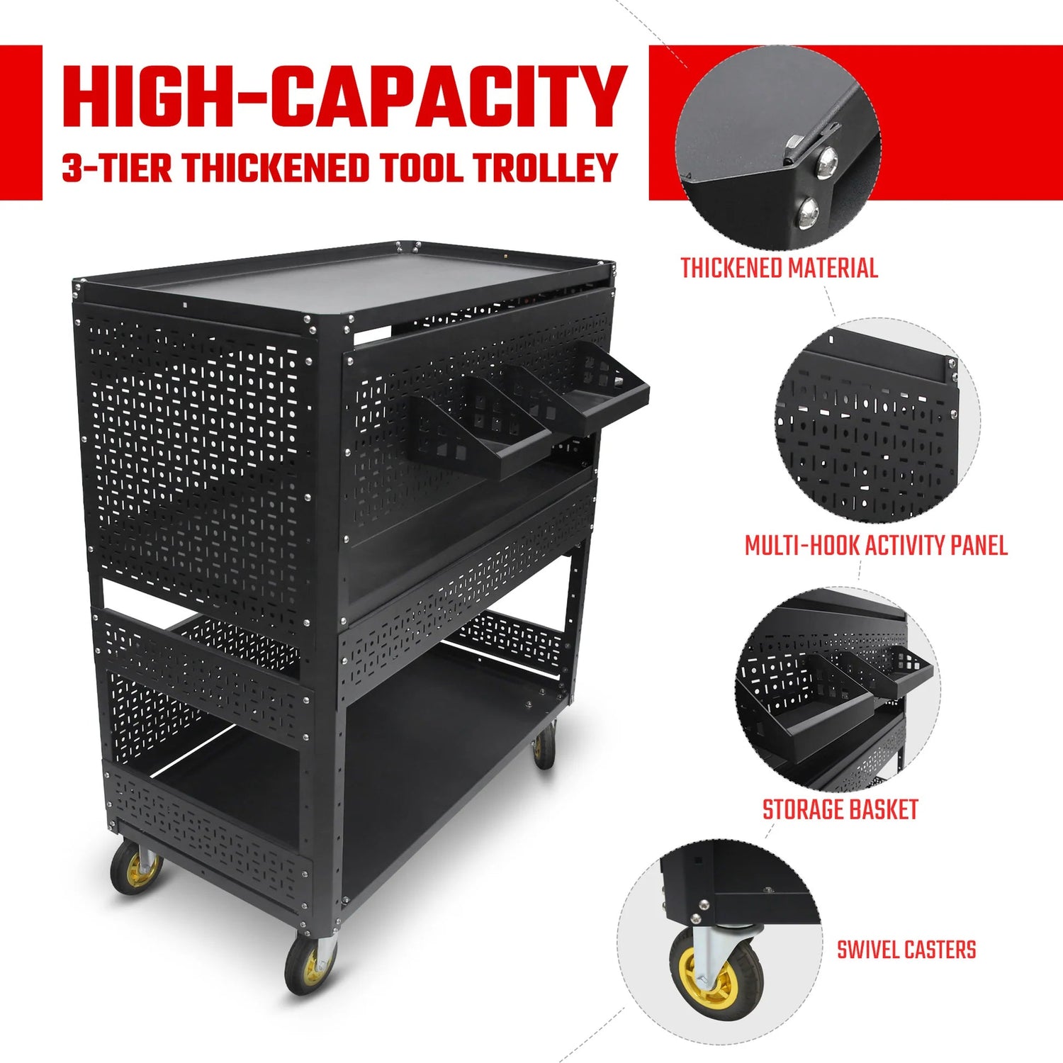 3-Tier Adjustable Rolling Tool Cart | Garage &amp; Workshop Organizer w/ Steel Pegboard