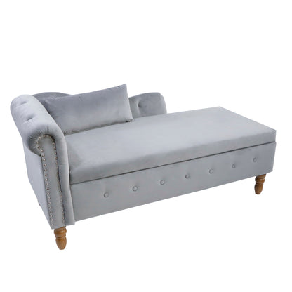 Grey Chaise Lounge Indoor Velvet Lounge Chair for Bedroom with Storage &amp; Pillow Modern Upholstered Rolled Arm Chase Lounge