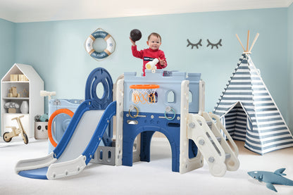 10-1 Toddler Slide Set,Kids Slide for Toddlers Ages 1+, Basketball Hoop Pirate Ship Themed Slide with Ship Head Indoor&amp; Outdoor