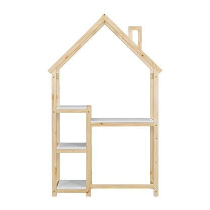 House-shaped Wooden writing Desk Kids study Table Bookshelf &amp; Toy Storage Natural