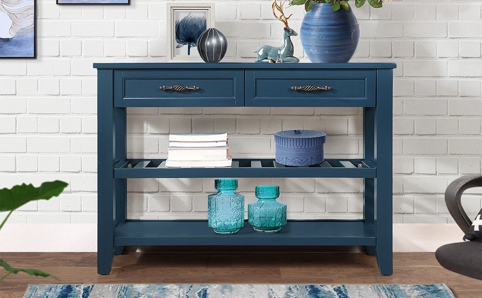 Console Sofa Table with 2 Storage Drawers and 2 Tiers Shelves Mid-Century Style 42&
