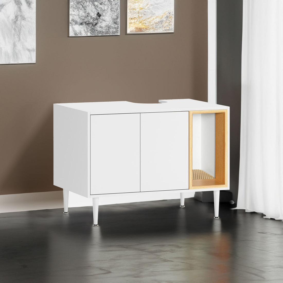 Bathroom sink cabinet, with cat trash can shell, hidden garbage pet bathroom, with partition, wooden cabinet furniture, white